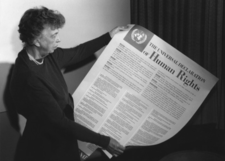 Eleanor Roosevelt holding the Universal Declaration of Human Rights poster, 1948